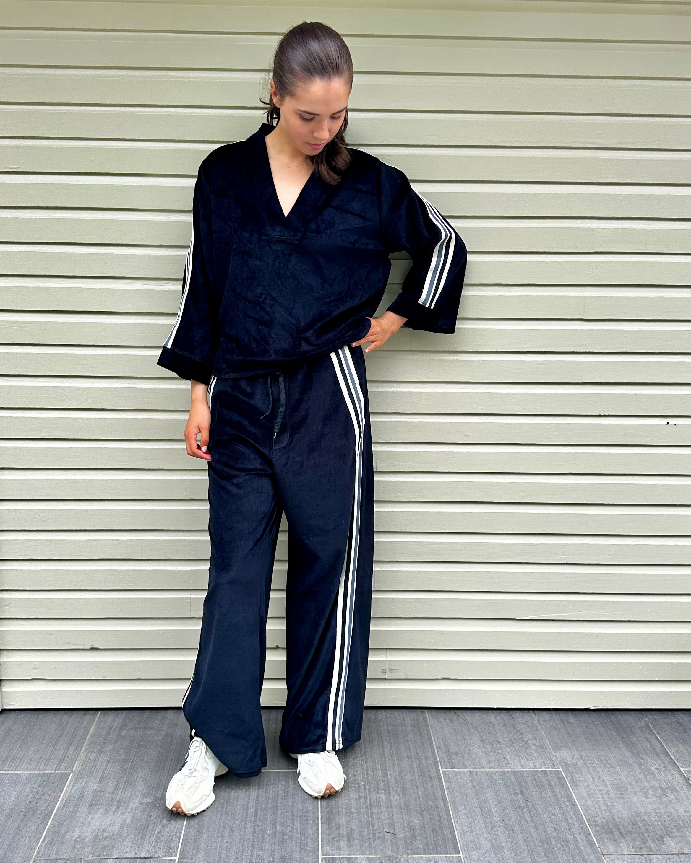Kate Velvet Straight Leg Pant with Contrast Stripe